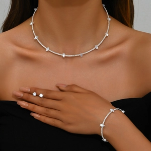 French Elegant Rhinestone Crystal Choker Necklace Bracelet Earrings Set Glamorous Bridal Prom Evening Jewelry For Women