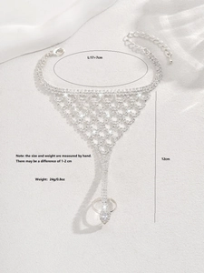 Silver hand harness detail with grid rhinestones and exact weight dimensions info