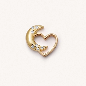 14K gold plated crescent moon and heart charm pendant set with sparkling clear zircons