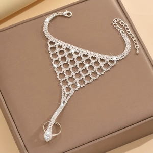 Elegant mesh rhinestone finger bracelet with silver base and sparkling white crystals