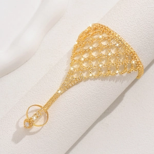 Elegant gold mesh rhinestone finger bracelet with sparkling diamond slave chain design