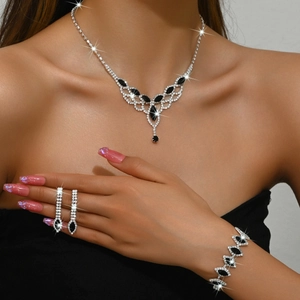 Luxury black tassel jewelry set with silver necklace and earrings on model