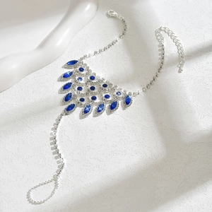 Bohemian silver finger bracelet with blue rhinestones for bridal beach jewelry fashion