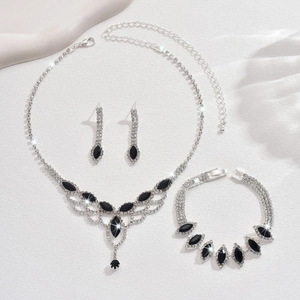 Luxury black tassel jewelry set with rhinestone necklace, bracelet and drop earrings