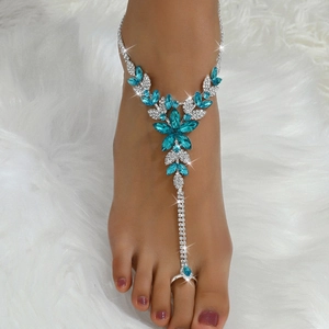Bohemian silver slave anklet with turquoise flower pendant and sparkling rhinestones