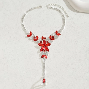 Elegant silver hand chain with red floral rhinestones and adjustable ring for beach style