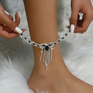 Tobillera de Cobre Plateado Boho con Borla de Diamantes de Imitación para Mujer Joyería de Pie de Moda con Flecos de Gota de Agua