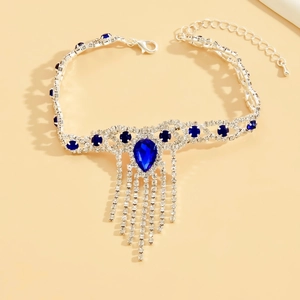 Tobillera de plata con colgante de gota azul zafiro y flecos de diamantes de imitación