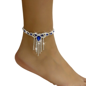 Tobillera plateada con piedras azules en gota y flecos de diamantes de imitación