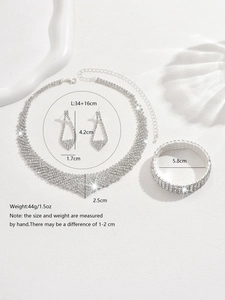 Silver fashion jewelry set with rhinestone necklace, earrings and bracelet dimensions
