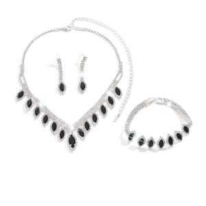 Elegant bridal jewelry set with black marquise gems and crystals in silver finish