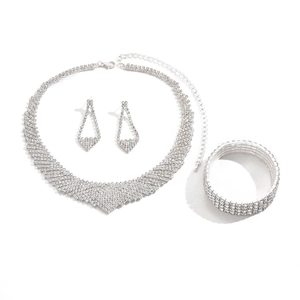 Elegant silver bridal jewelry set with rhinestone fringe necklace earrings and bracelet