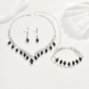 Elegant bridal jewelry set with black marquise stones and crystals in silver finish