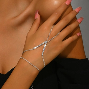 Silver V-shaped hand harness bracelet with sparkling rhinestones for women