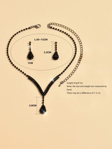 Detailed view of Halloween gothic black rhinestone bridal jewelry set with dimensions