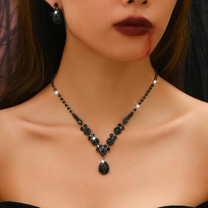 Gothic Black Rhinestone Jewelry Set Halloween Vampire Cosplay Waterdrop Heart Copper Necklace Earrings Bracelet Wedding Party Women Jewelry