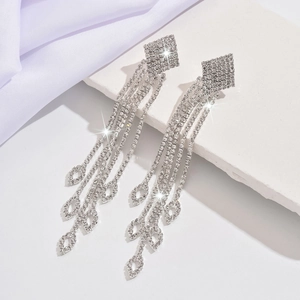 Sparkling silver long tassel rhinestone drop earrings for evening dress and party wear