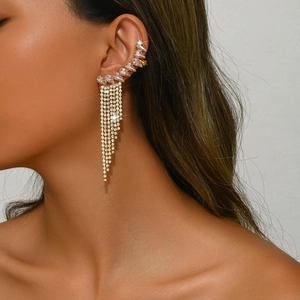 Sparkling crystal tassel ear cuff with pink rhinestones and elegant gold-tone fringe detail