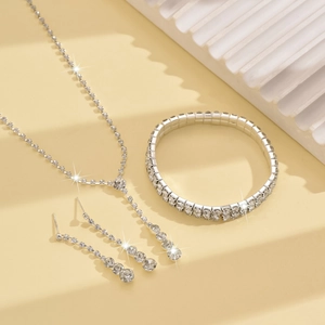 Detailed view of elegant silver jewelry set with sparkling rhinestones for bridal weddings
