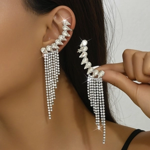 Sparkling silver fringe long tassel rhinestone ear cuffs for women fashion jewelry