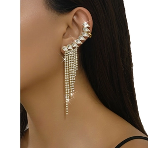 Elegant gold-tone tassel ear cuff with sparkling crystals and long fringe for women