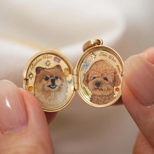 Collar de relicario dorado con luna y estrellas, retratos de mascotas y grabado personalizado