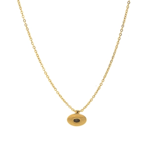 Collana placcata oro 18K con ciondolo rotondo in smalto nero e finitura goffrata