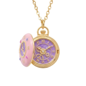 Pink donut pocket watch necklace with golden mechanical gears on white background