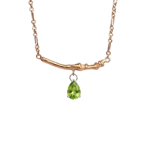 Teardrop green zircon pendant necklace on branch-shaped gold chain for women