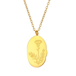 Gold stainless steel oval pendant necklace with engraved flower on white background