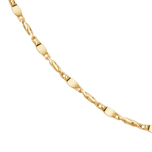 Close-up of gold plated copper chain with alternating flat and twisted links.