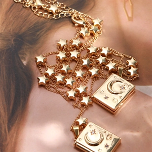 Vintage gold layered star and moon locket necklace with sparkling zircon star soulmate pendants