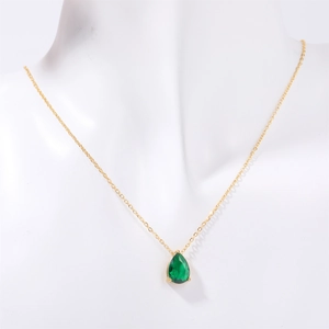 Titanium steel necklace with pear-shaped green zircon pendant and 18k gold plating