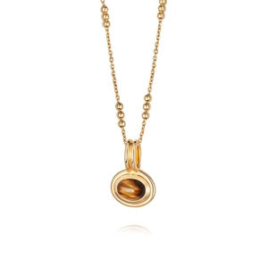 Macro view of double-layered gold frame with oval tiger eye stone on a vintage chain