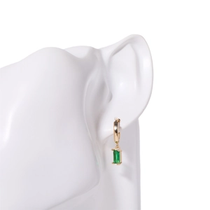 Minimalist gold hoop earrings with rectangular emerald gemstone pendant for women