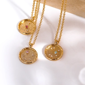 18K gold plated coin necklace featuring zodiac constellation patterns and zircon stones