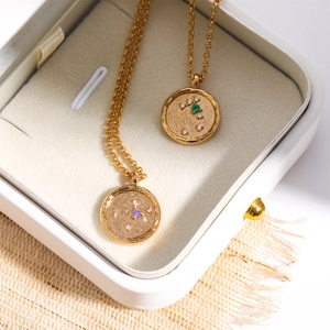 18K gold plated coin necklace with December birthstone zircon and star constellation engraving