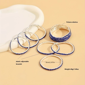 Detail view of blue zircon elastic bracelets with silver base and clear dimensions