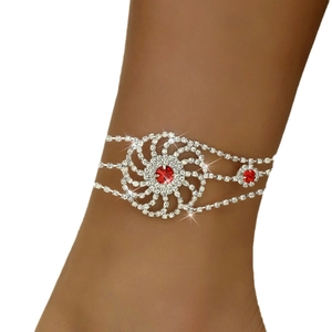 Bracelet de cheville bohème en argent avec strass brillants et design de tournesol rouge