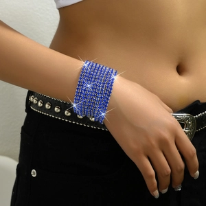 Luxurious cobalt blue rhinestone stretch cuff bracelet for women in a wide layered design