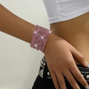 Close-up of pink zircon multi-layer stretch bracelet set on a model wrist for party style