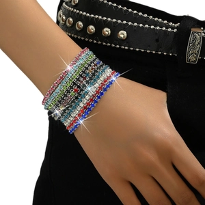 Sparkling multi-color crystal rhinestone stretch bracelets with fine metal floral engraving