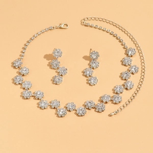 Elegantes Brautschmuck-Set mit Blumenmotiven, Strass-Halskette und Silber-Ohrringen