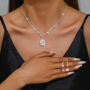 Luxuriöses silbernes Brautschmuck-Set mit glitzernder Kristallhalskette und Ohrringen