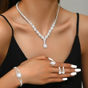 Elegant zircon jewelry set with necklace bracelet ring and earrings in silver tone