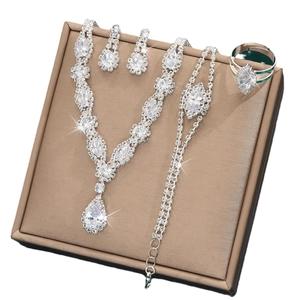 Elegant silver bridal jewelry set with sparkling zircon necklace bracelet earrings and ring