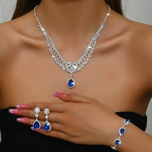 Luxurious Alloy Rhinestone Waterdrop Jewelry Set For Women Elegant Heart Tassel Necklace Earrings Bracelet Wedding Banquet Accessories
