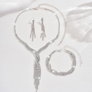 Luxury bridal rhinestone jewelry set with tassel necklace, bracelet and earrings