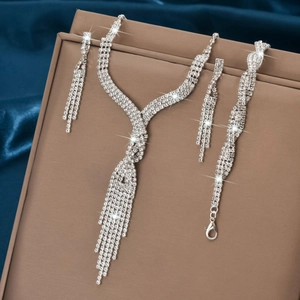 Luxury bridal jewelry set with sparkling rhinestone fringe necklace and long earrings