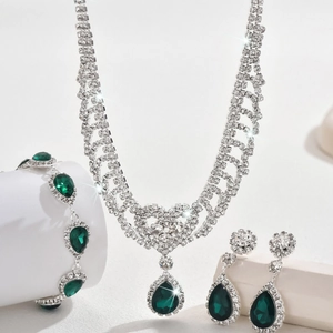 Luxury green teardrop rhinestone necklace and earrings jewelry set for women